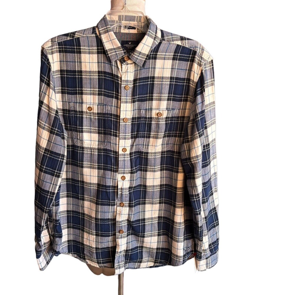 American Eagle Shirt Men's LARGE Blue Plaid Gingham Casual Country Slim Fit M118